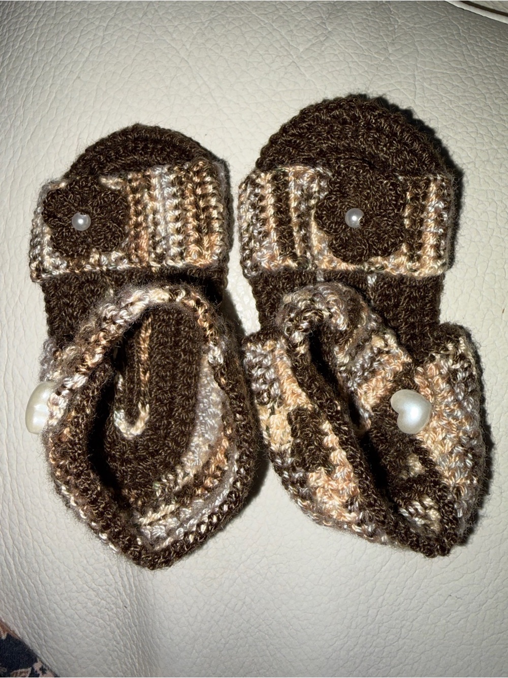 Handmade Brown Crochet Baby Booties with Pearl Accent